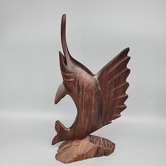 Carved Ironwood Swordfish Marlin Fish Statue Fishing Home Office Decor 12" - Picture 1 of 4